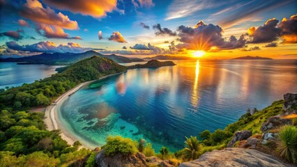 Fototapeta premium Breathtaking Timor Sea sunrise: azure waters, deep ocean, island vista, high-resolution coastal paradise.