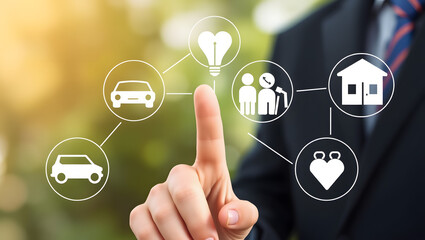 A businessman interacting with digital icons symbolizing life and financial planning.