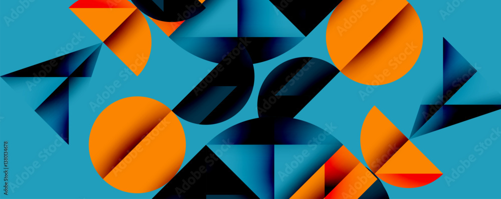 Poster Bright abstract composition. Orange, black shapes overlap on blue background. Geometric forms create dynamic visual experience. Modern design.