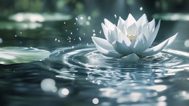 Serene white water lily blooming on calm pond.