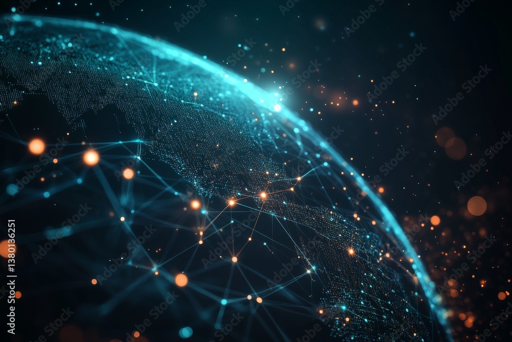 Poster digital globe with glowing network nodes and connections in space background
