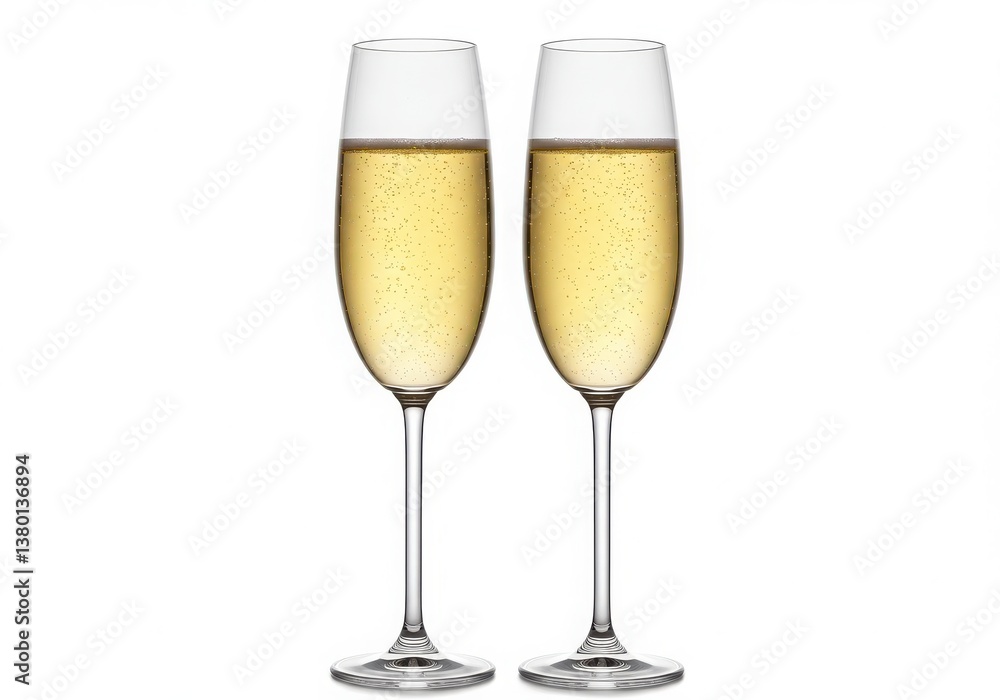 Poster two champagne flutes filled with sparkling wine on a white background in a studio shot setting