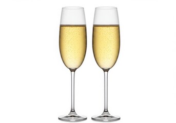 Two champagne flutes filled with sparkling wine on a white background in a studio shot setting