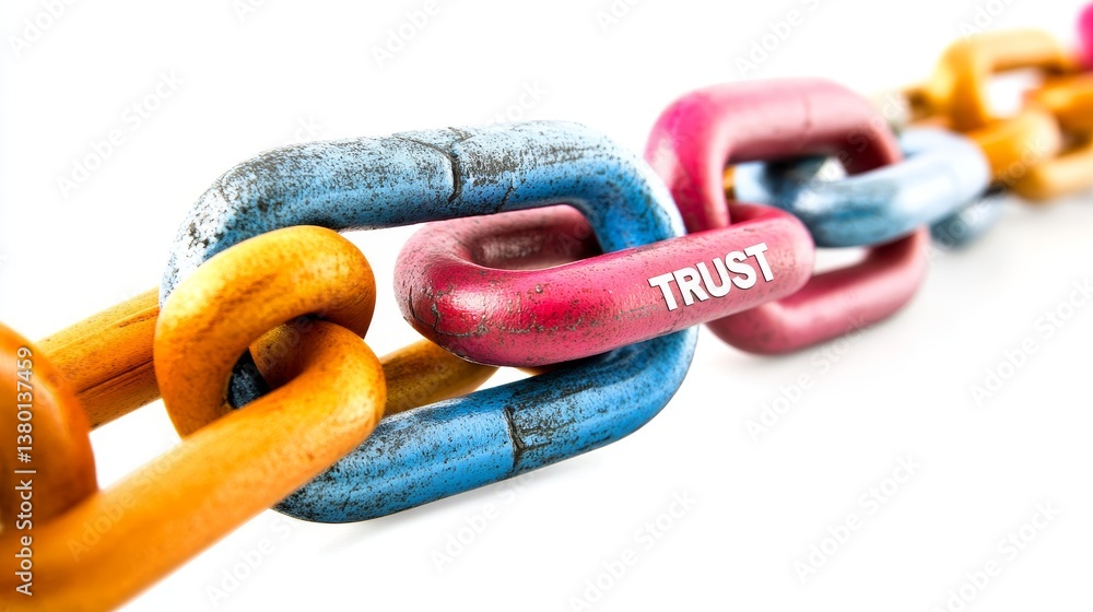 Aufkleber concept of trust represented by colorful chain links with trust text, isolated on white background.