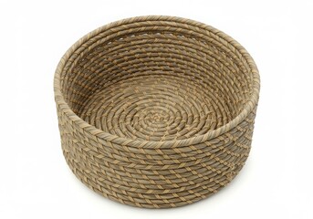 Fototapeta premium A woven basket made of natural fibers sits against a plain white background in a studio setting