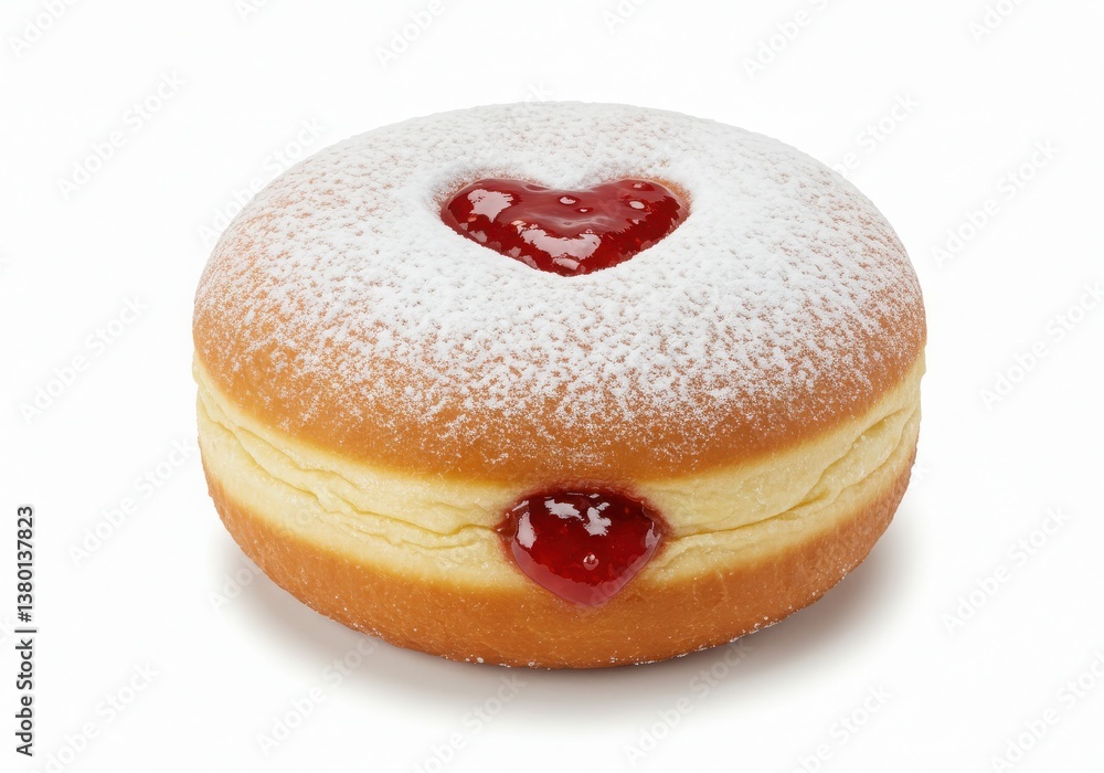 Poster a single donut filled with red jam and covered in powdered sugar on a white background surface view