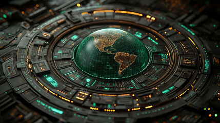 Obraz premium Futuristic technology featuring glowing holographic Earth surrounded by intricate circuitry and glowing elements, showcasing blend of nature and technology