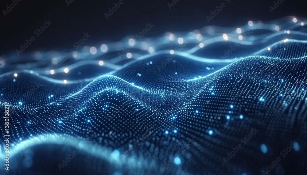 Poster abstract network of glowing blue dots and lines forming a dynamic wave pattern on a dark background