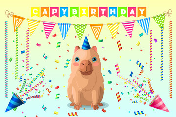 Obraz premium vector capybara animal. Cartoon happy (capy) birthday clip art. Hand drown design card. 