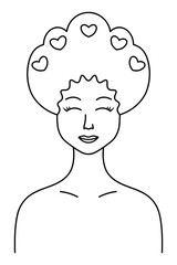 Young woman in a kokoshnik-shaped cap decorated with hearts. Contented smile on her face, eyes narrowed. Sketch. Lady with chubby cheeks put on a cap after applying a hair mask. Vector illustration. 