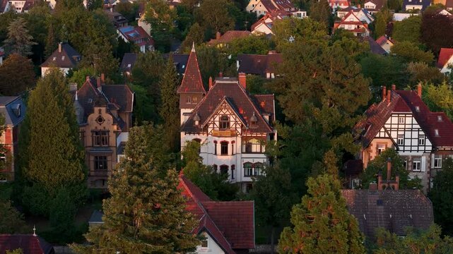 G&ouml;ttingen, Germany- Old Residential Streetscape Flyover in Summer
