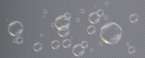 Realistic soap bubble vector illustration featuring a transparent, three-dimensional glossy ball. Clean and colourful with a rainbow shine, perfect for backgrounds, beauty products, or PNG overlays.