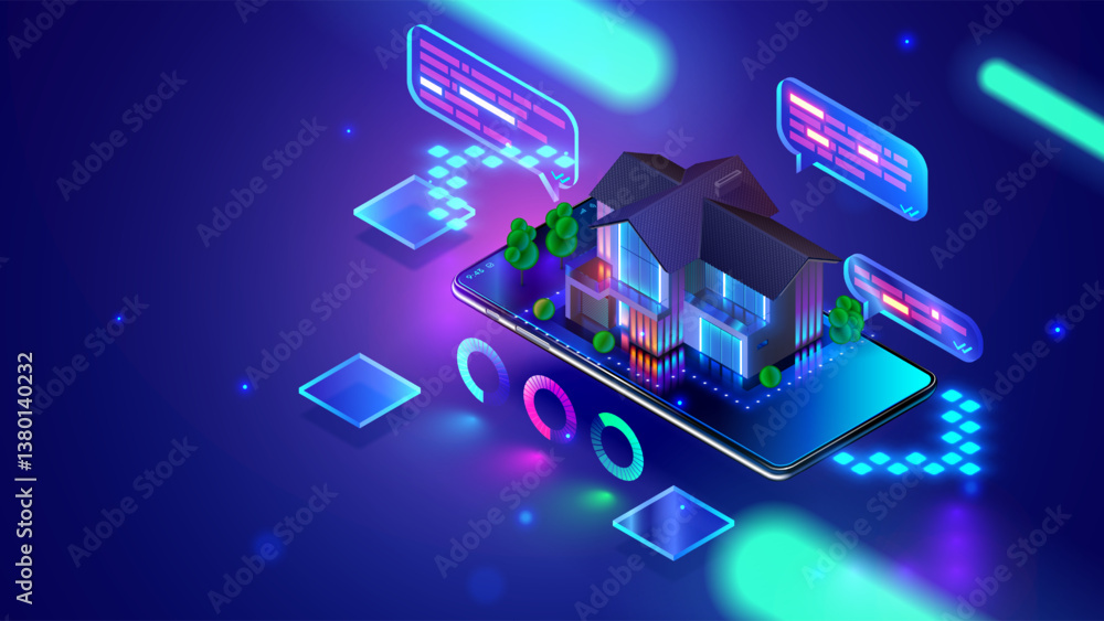 Poster Smart home controlled smartphone. Internet of things technology of home automation system. Small house standing on screen mobile phone and wireless connections with icons home electronics devices. iot