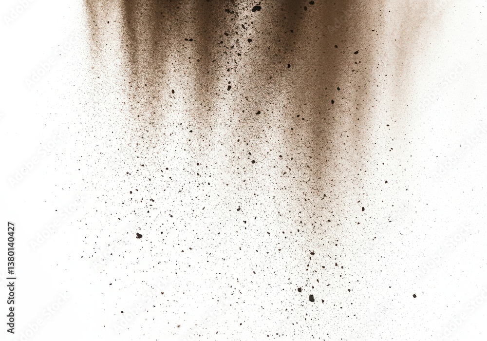 Poster abstract image of falling dirt or dust particles against a white background in a dynamic motion