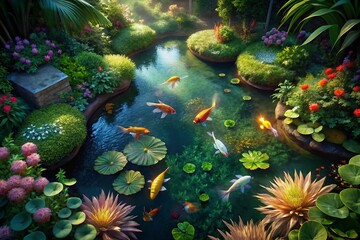 Obraz premium Aerial View of Serene Backyard Koi Pond with Water Lilies
