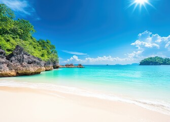 Fototapeta premium A serene beach scene featuring clear turquoise waters, soft white sand, and lush greenery under a bright blue sky with fluffy clouds.