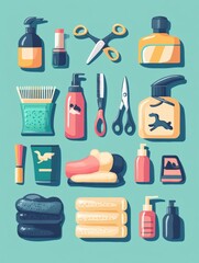 Collection of pet grooming products including brushes, scissors, and shampoos arranged on a clean background for easy use and identification