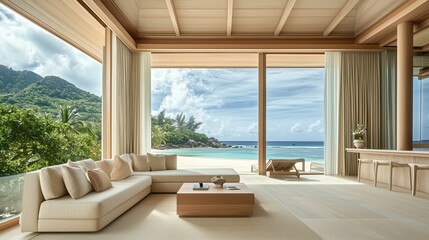 Interior of the luxury beach villa, spacious and bright living room, floor-to-ceiling windows are charming sea views, creating a comfortable and cozy holiday atmosphere