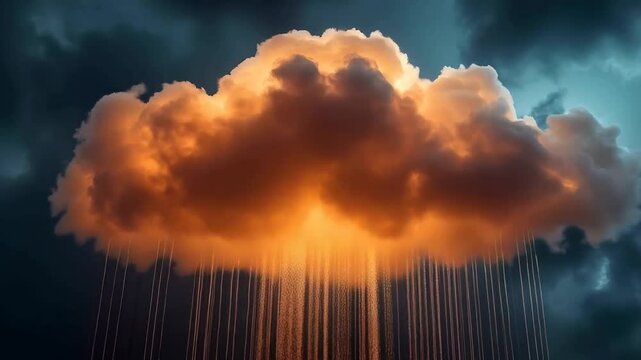 Neon orange digital cloud raining data concept
