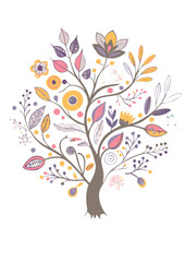 A whimsical illustration of a vibrant tree with colorful foliage and flowers, evoking a sense of growth and life