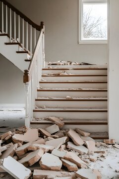 Dilapidated stairs and debris in an abandoned home interior