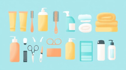 Variety of pet grooming tools including brushes, scissors, shampoo, and towels arranged neatly on a clean background