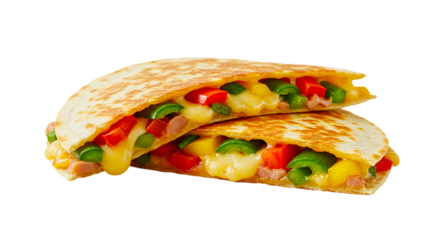 A close up shot of two quesadillas stacked on top of each other filled with cheese and vegetables