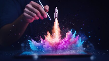man's hand holding a pen on a tablet, a rocket taking off being projected
