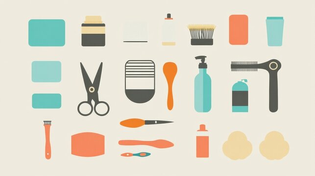 Flat icon set showcasing essential pet grooming products arranged on a clean background for easy identification and use