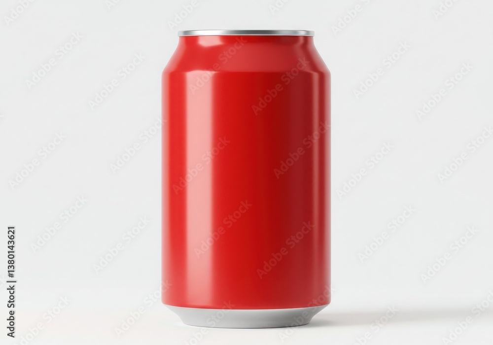 Poster a red soda can with a silver top and bottom on a white background in a studio setting perfectly cent