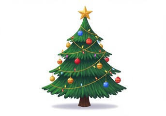 Fototapeta premium A cartoon christmas tree decorated with ornaments and lights isolated on a white background design