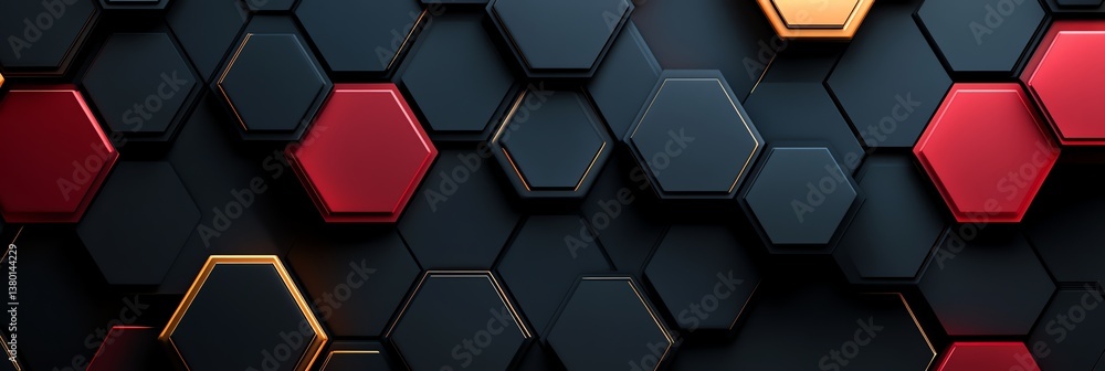 Poster abstract hexagon pattern with red and gold accents geometric background
