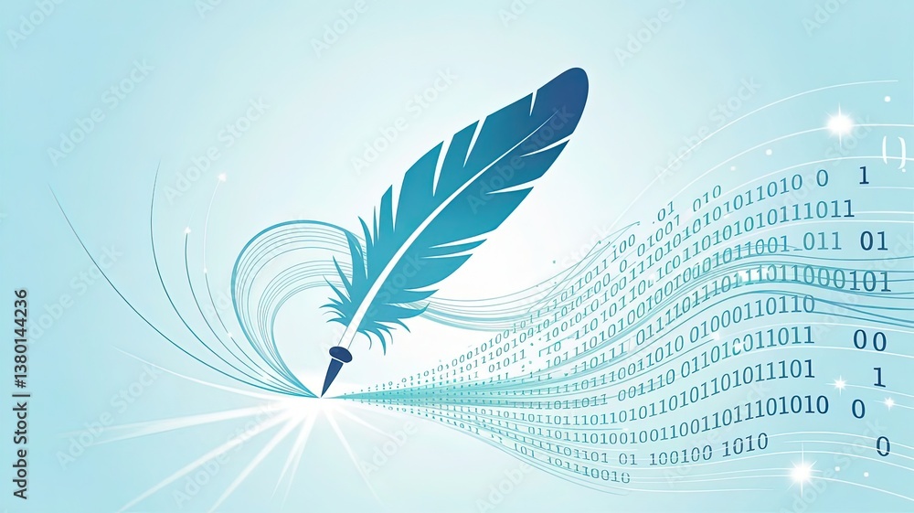 Poster digital quill: a digitally rendered illustration showcases a blue quill pen leaving a trail of binar
