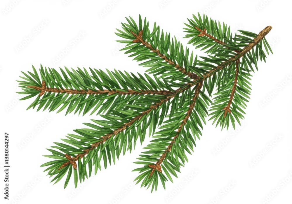 Poster a single fir branch with many needles is isolated against a white background in a studio shot