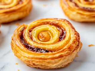 Delicious sweet pastry swirls with golden crust and rich filling