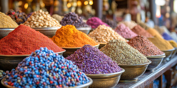 Vibrant spice market display with colorful aromatic herbs in metal bowls - Powered by Adobe