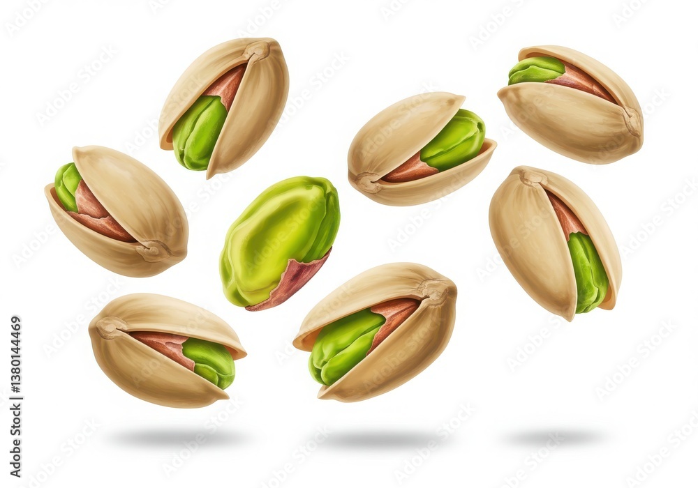 Poster illustration of seven pistachios with shells open and one without shell on a white background