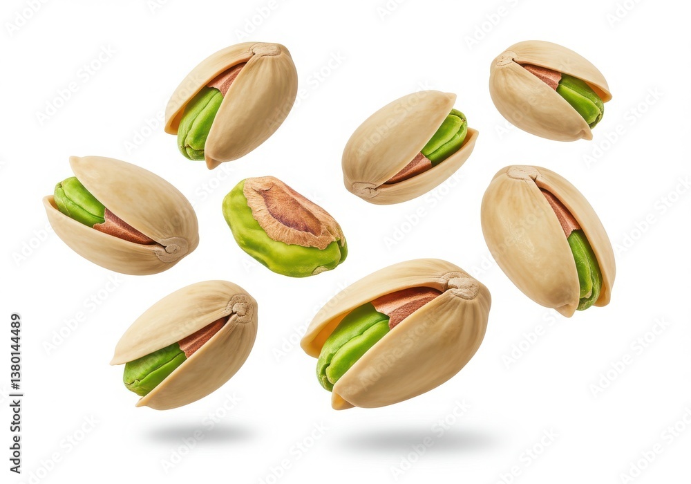Poster isolated pistachios with shells and shelled on a white background in a studio shot close up view