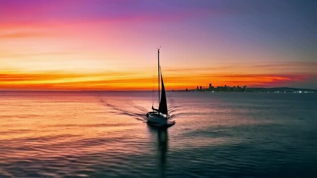 Fishing boat silhouette at sunset on the sea with orange sky