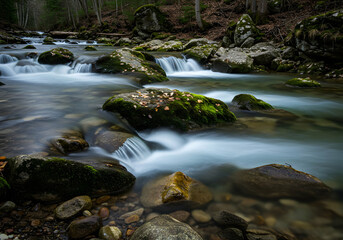 Obraz premium Flowing River Cascade Over Mossy Rocks in Forest with Long Exposure
