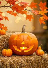 Carved pumpkin lantern on haystack with autumn leaves and mini pumpkins