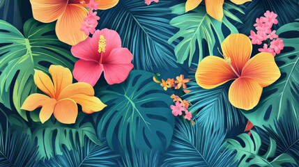 Vibrant tropical floral design featuring hibiscus and lush green leaves