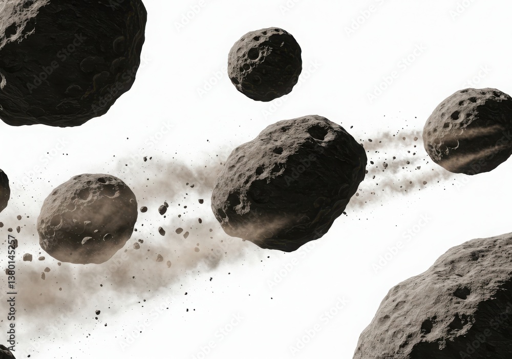 Poster a view of several asteroids or meteoroids in space with dust trails against a white background