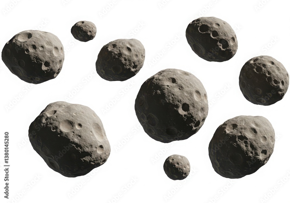 Poster a collection of gray asteroids with visible craters floating against a white background in space