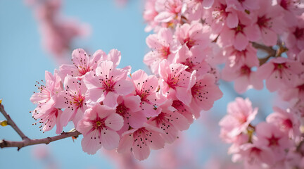 Obraz premium Blooming Cherry Blossoms on Branch Against Light Blue Sky Backdrop