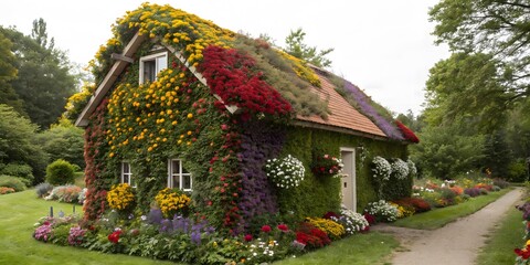 Fototapeta premium Enchanting Simple Home Surrounded by a Vibrant Array of Colorful Flowers Along a Tiny Road