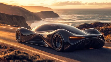 Fototapeta premium Sleek Black Concept Car Coastal Road