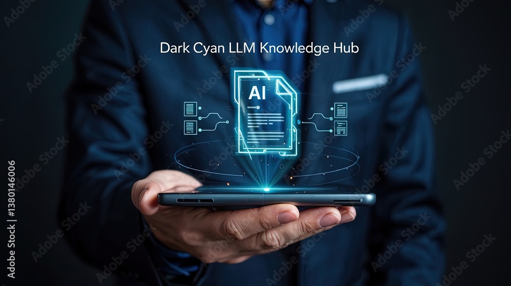 Poster ai document in hand: a person holds a smartphone projecting a holographic ai document with digital i