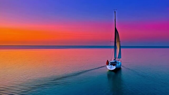 Sunset sailboat on the sea with a calm horizon and gentle wind
