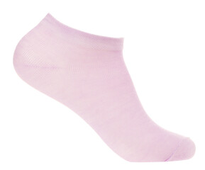 Single purple low cut ankle sock on a foot mannequin isolated on a white background